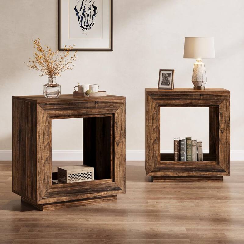 24" Rustic 2-Tier End Table, Side Table with Storage Shelf, Sofa Nightstand for Living Room, Bedroom, Entryway