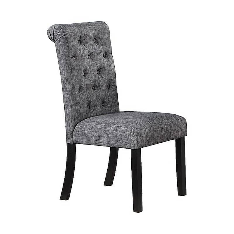 Jie 25 Inch Dining Chair, Tufted Gray Upholstery, Rolled Top, Black Wood