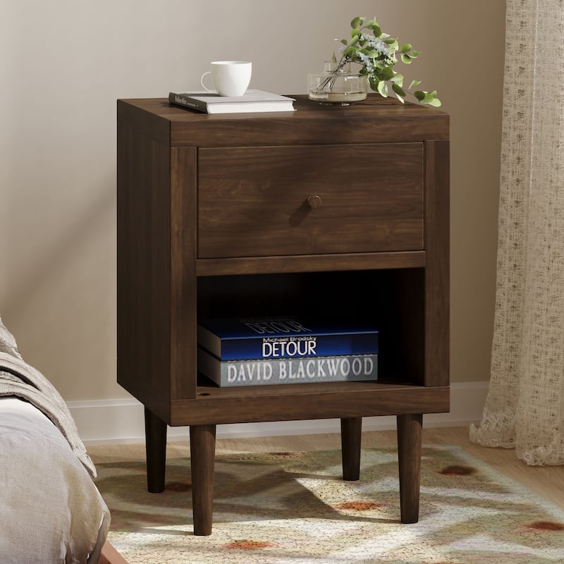 Nightstand Bedroom Cabinet, Hallway Floor Organizer with Rubberwood Legs, Mid-century Cabinet with Top Drawer and Bottom Shelf