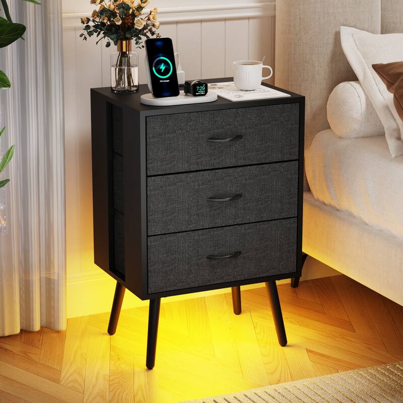 2 Pack Modern Nightstand with Charging Station, Bedside Tables with LED Light and Fabric Drawers