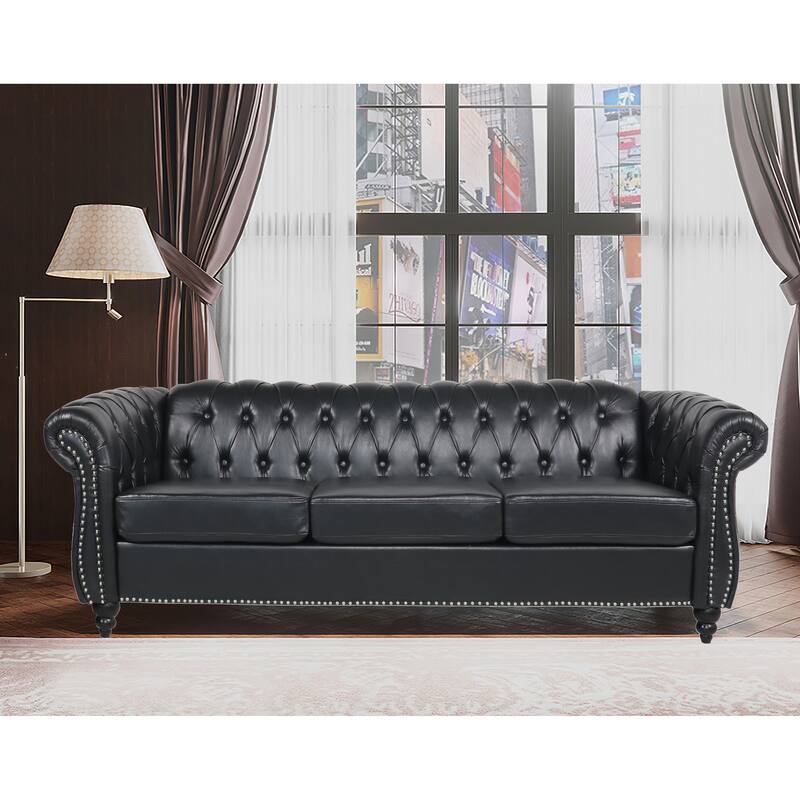 84" PU Leather 3-Seat Sofa with Silver Studs Trim, Button Tufted Back & Arms and Comfortable Cushion for Living Room - Black