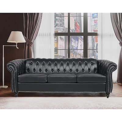 84" PU Leather 3-Seat Sofa with Silver Studs Trim, Button Tufted Back & Arms and Comfortable Cushion for Living Room