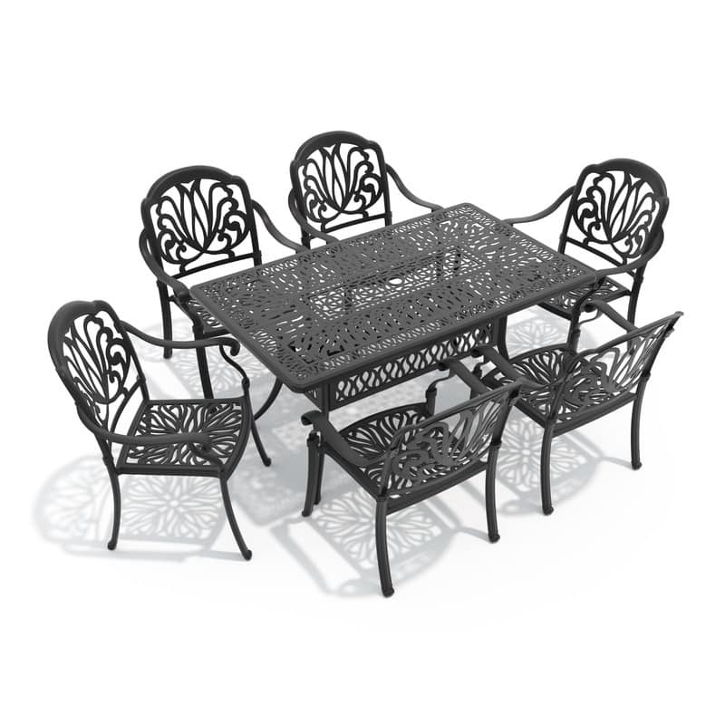 7-Piece Patio Dining Set Aluminum Table & 6 Dining Arm Chairs with Brown Cushions