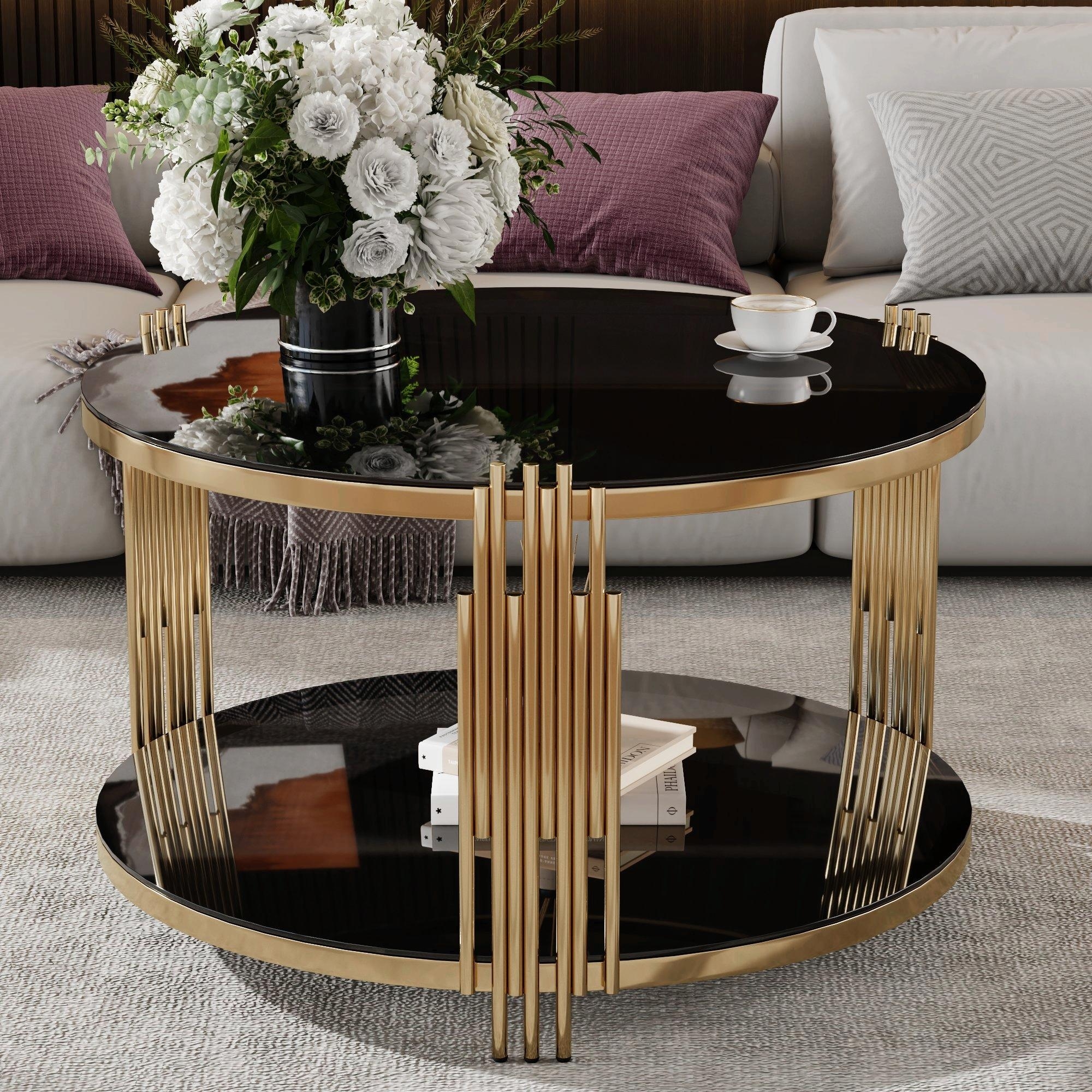Modern Black Mirror Coffee Table with Asymmetrical Metal Base, Circular Drum Base and Lower Shelf