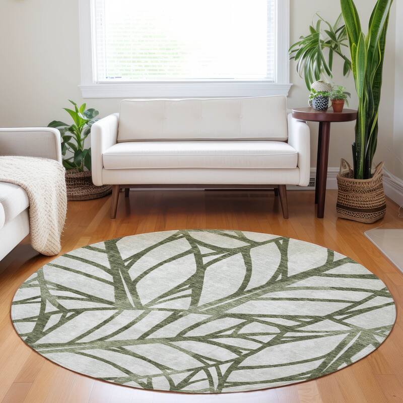 Premium Washable Super Soft Modern Palm Mayfield Rug - Olive - 8' x 8' - Round