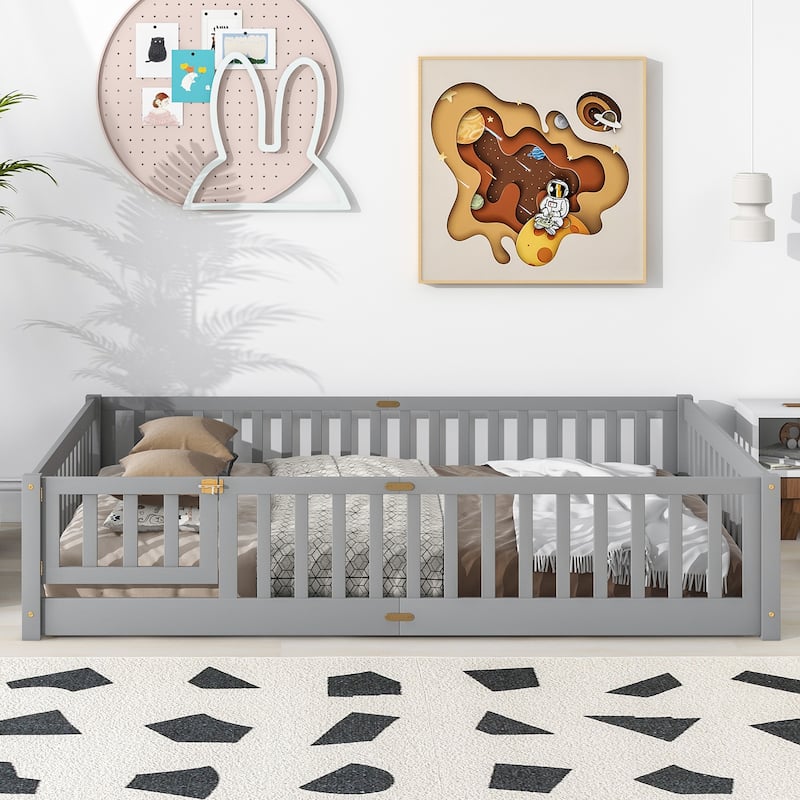 Queen size Floor Platform Bed with Fence Guardrails and Door