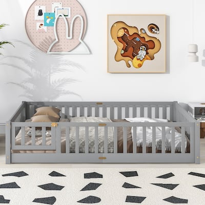 Queen size Floor Platform Bed with Fence Guardrails and Door