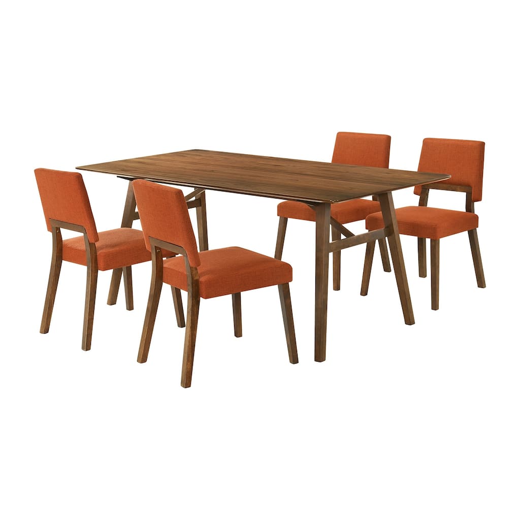 Yumi 5 Piece Dining Table Set with 4 Chairs, Orange Fabric, Wood Brown