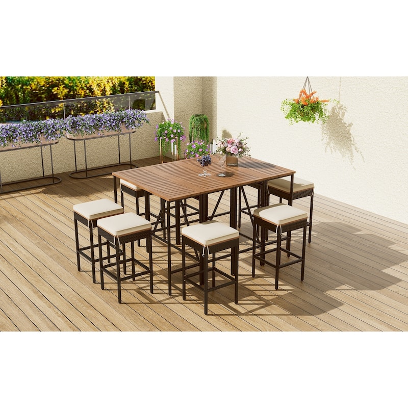 10-Piece Outdoor Table,8 Stools With Cushions,PE Rattan Wicker Dining Table,Foldable Tabletop,All-Weather Patio Furniture