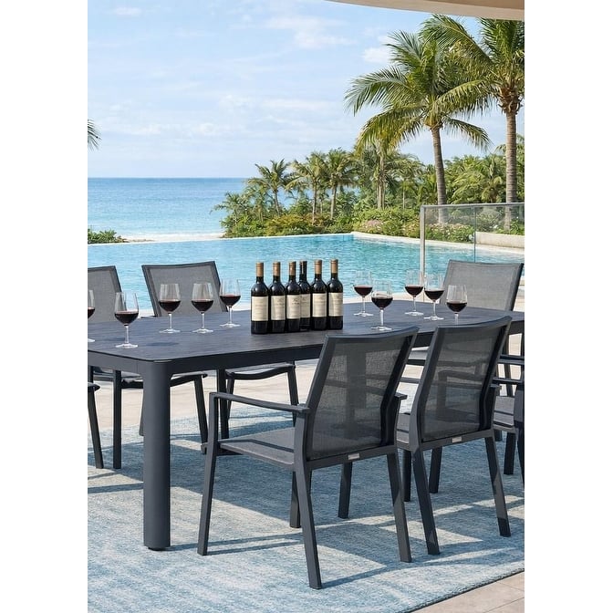 Alva Dark Grey 9-Piece Aluminum Outdoor Dining Set with Sling Set in Pewter - N/A