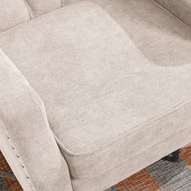 Linen Fabric Upholstered Accent Chair, Vintage Single Sofa Chair with Rivet Trim, Living Room Reading Chair with Wooden Legs