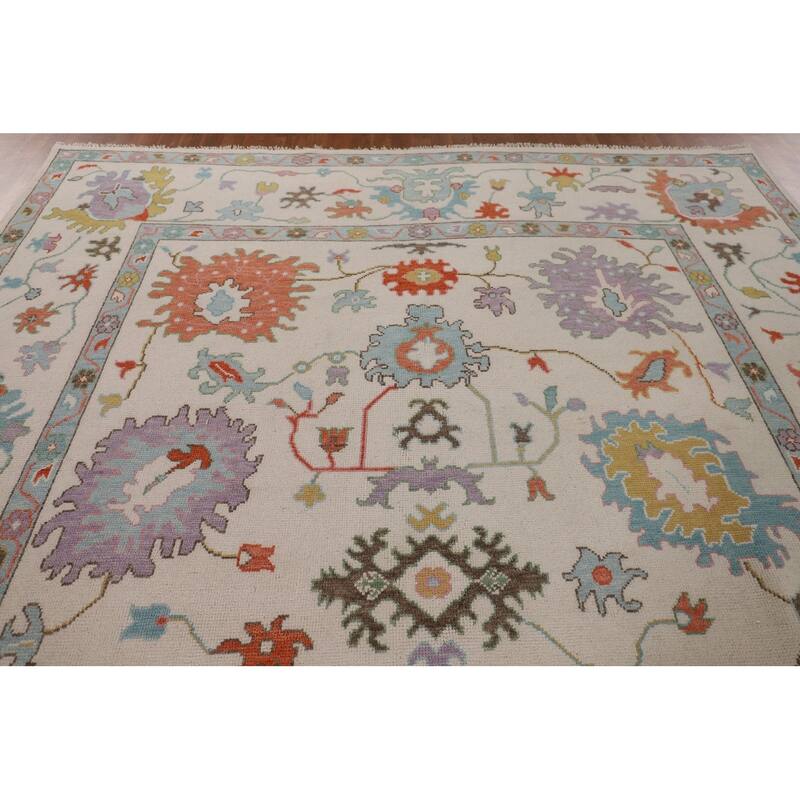 Beige Transitional Floral Oushak Area Rug Hand-Knotted Wool Carpet - 8'9" x 12'0"