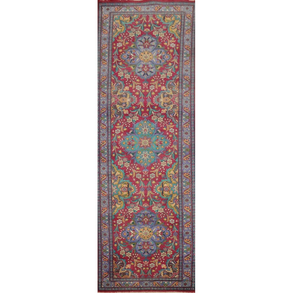 Hand Knotted Oriental 100% Wool Carpet Traditional Floral Red Tabriz Runner Rug - 11' 1'' X 3' 1''