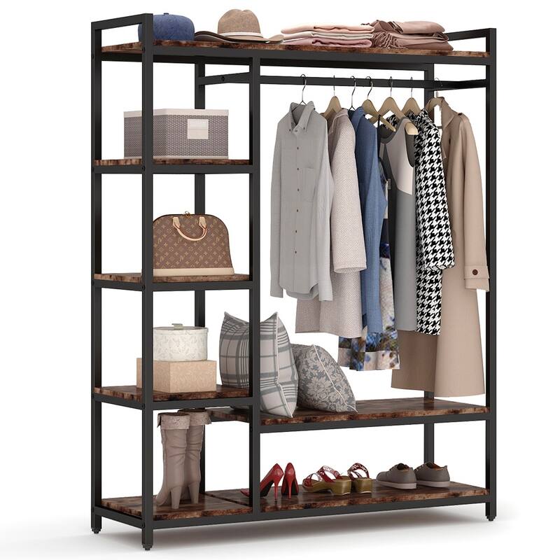 Brown/ Black Wood Industrial Clothing rack with shelves, 5-Tier Clothes Garment Rack Closet Organizer System with Hanging Rod