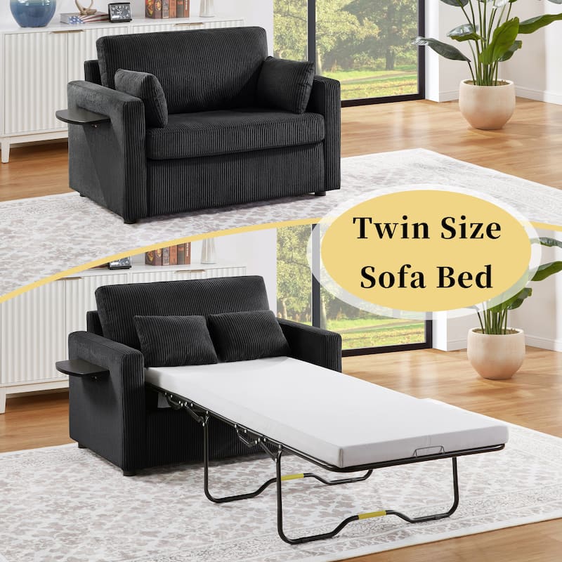 Roomfitters Twin Sofa Bed with Foldable Mattress, Side Table, Storage Pocket and USB Ports for Living Room