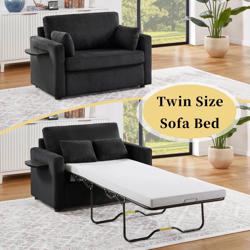 Twin Size Convertible Sleeper Sofa with Foldable Table, USB Ports and Lumbar Pillows, Black Corduroy