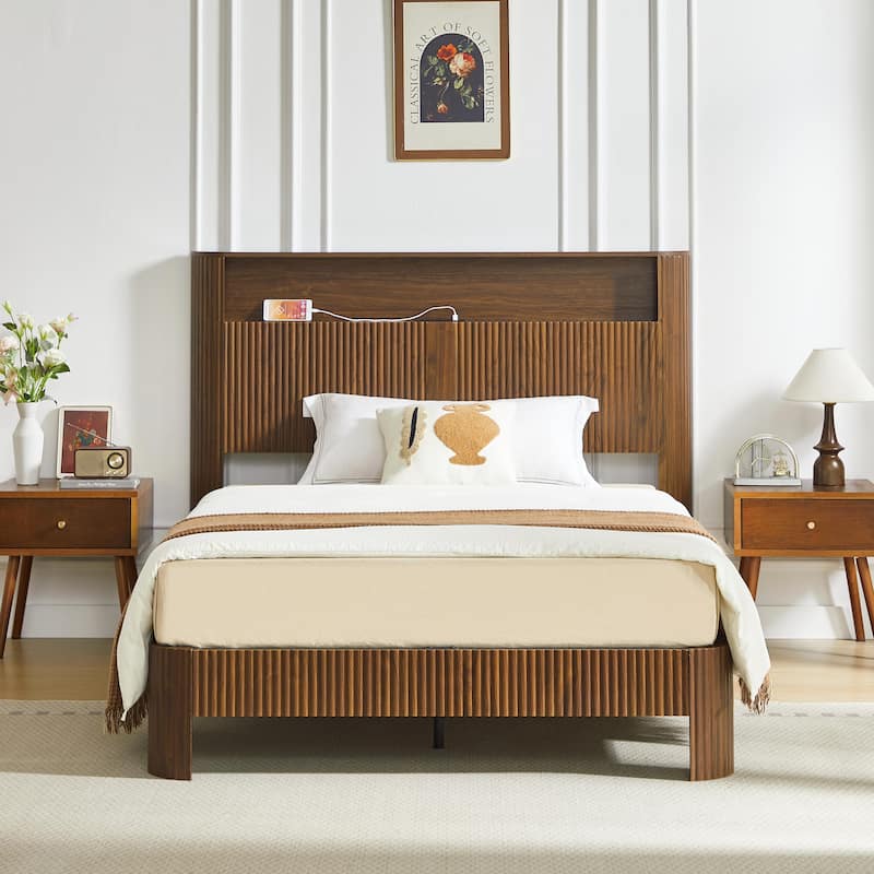 Full Extra Long(Full XL) Size Bed Frame With Storage Headboard, Built-In Charging Station, Wavy Curved Lines Design - Walnut