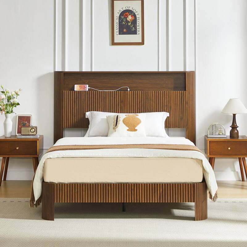 Wooden Bed Frame with Metal Slat, Noise Free, Modern Low Profile Platform Bed with Storage Headboard and Charging Station