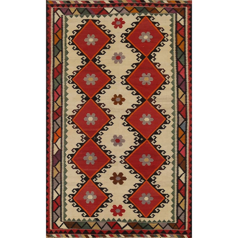 Hand-Woven Vegetable Dye Kilim Qashqai Persian Vintage Wool Carpet - 5'3"x 8'5"