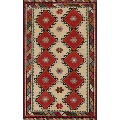 Hand-Woven Vegetable Dye Kilim Qashqai Persian Vintage Wool Carpet - 5'3"x 8'5"