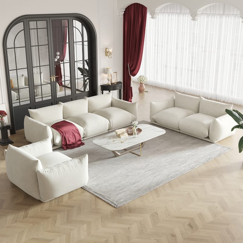 Modern Chenille Upholstery 3 Pieces Sofa Sets for Living Room Include Armchair, Loveseat and Three Seaters Couch - Beige