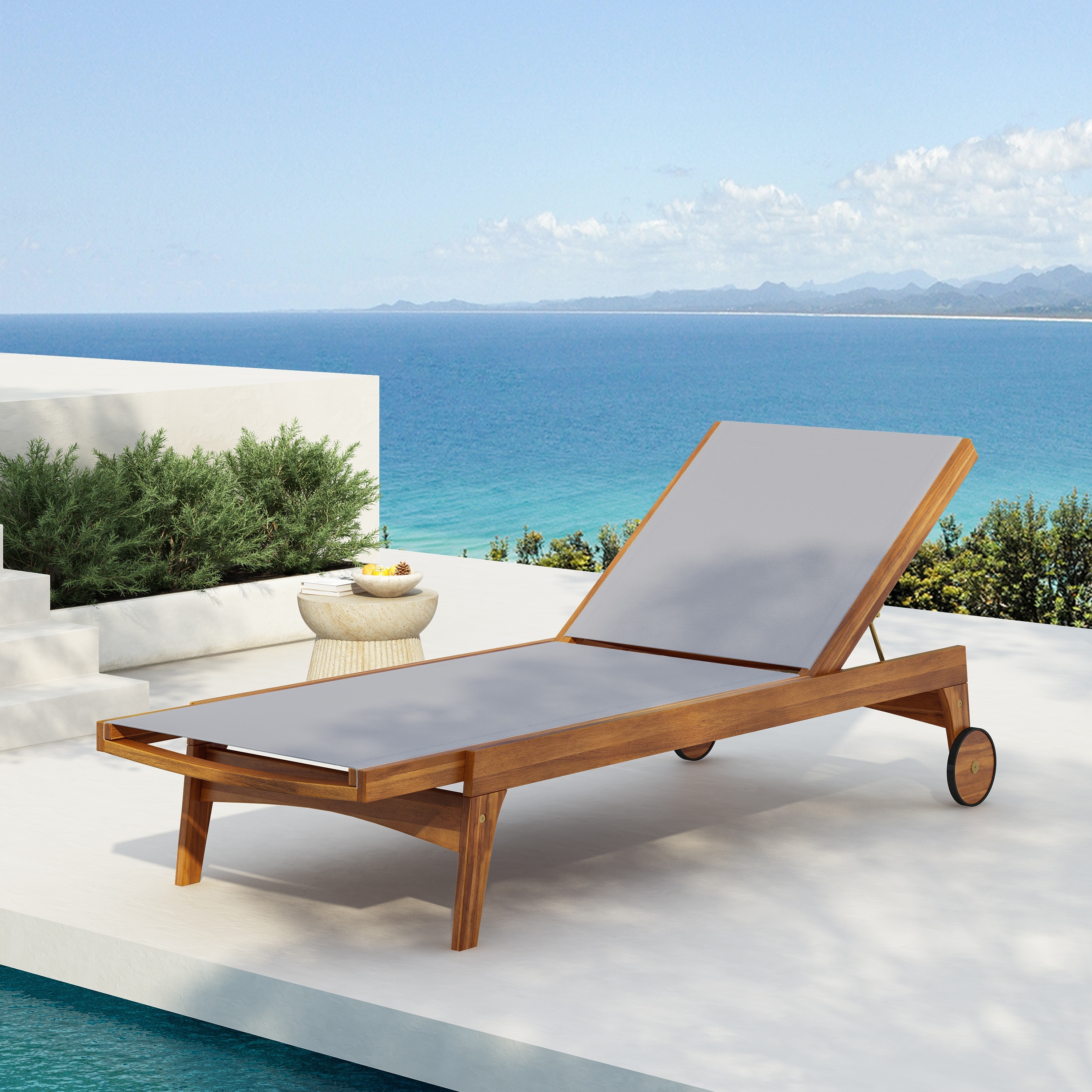 Roomfitters Outdoor Chaise Lounge with Adjustable Backrest, Acacia Wood Frame, Weather-Resistant Mesh