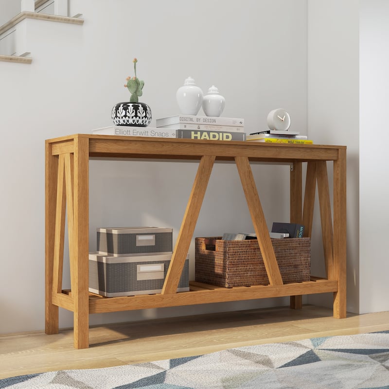Console Table, Farmhouse Entryway Table with Storage Slatted Shelf, Rustic Sofa Table with Anti-Tipper for Living Room