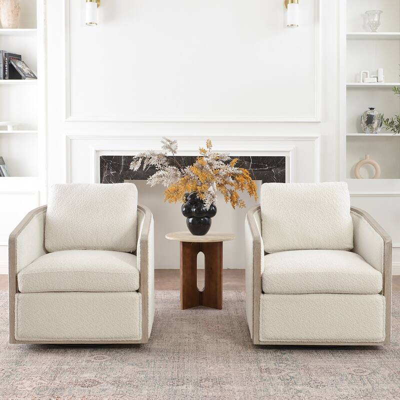 KINWELL 31"W Oak Frame Upholstered Swivel Barrel Armchair