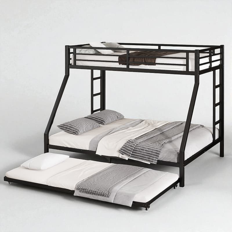 Twin over Full/Queen over Queen/Twin XL over Queen Metal Bunk Bed with Trundle, Black - Sturdy & Noise-Free - Black - Twin XL