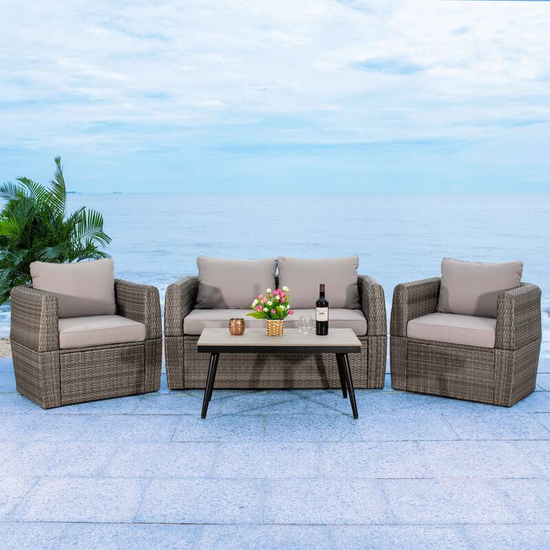 SAFAVIEH Outdoor Living Tarien Wicker 4-Piece Living Patio Set - 48"W x 25"D x 28"H - Grey/Grey Cushion