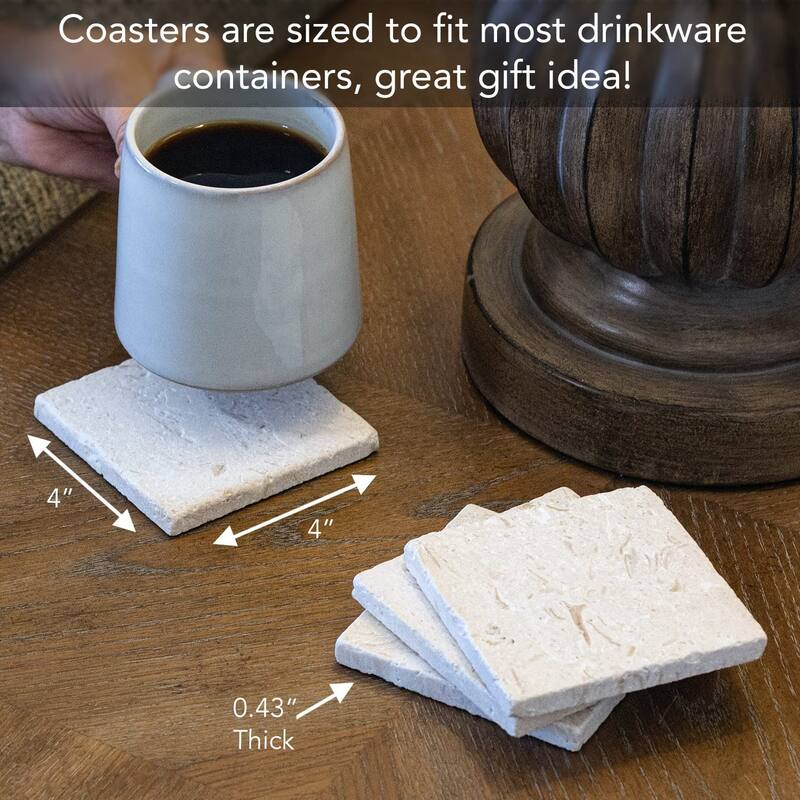 Natural Shell Stone 4 Pack Absorbent Stone Coasters with Protective Cork Backing Manufactured in The USA