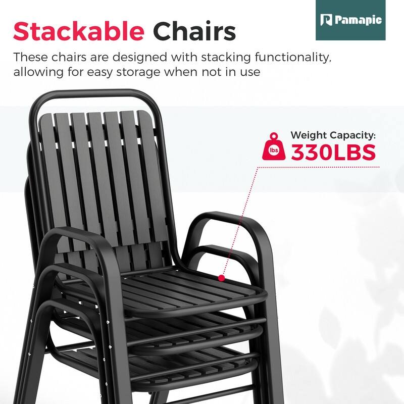 4-Person Patio Dining Set, Stackable Chairs and Square Steel Table with Umbrella Hole