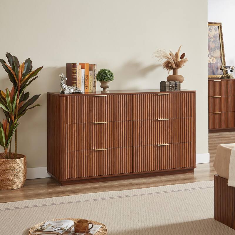 6-Drawer Dresser - 55" Wide Modern Chest of Drawers with Curved Wave Design