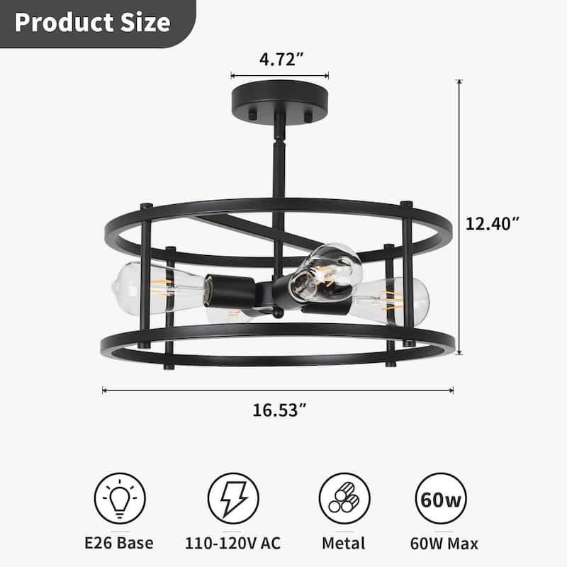 Starsky 4-Light 16in. Modern Caged Ceiling Light Drum Semi Flush Mount - Brown