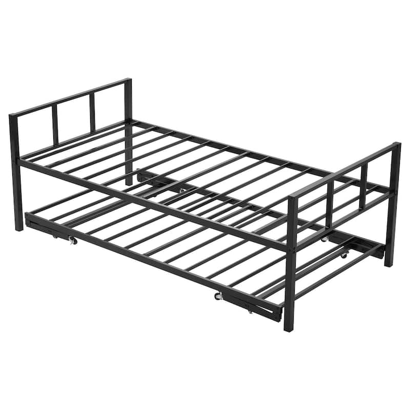 Twin Daybed Frame with Trundle and Metal Slats for Guest Rooms