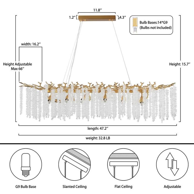 KAYLA Indoor Rectangle Crystal Chandeliers, Dining Room Light, Pendant Light Fixture for Kitchen Island