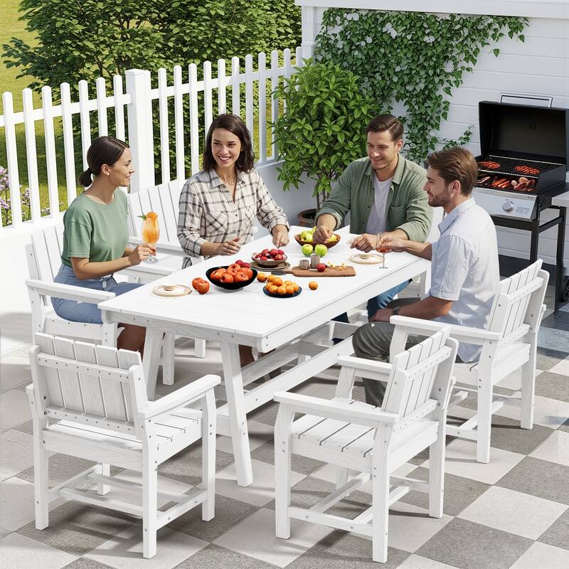 7-Piece HDPE Outdoor & Indoor Dining Set, Rectangular 67.91in W Table with Umbrella Hole and 6 Chairs Set of 7, Wood-Look Finish