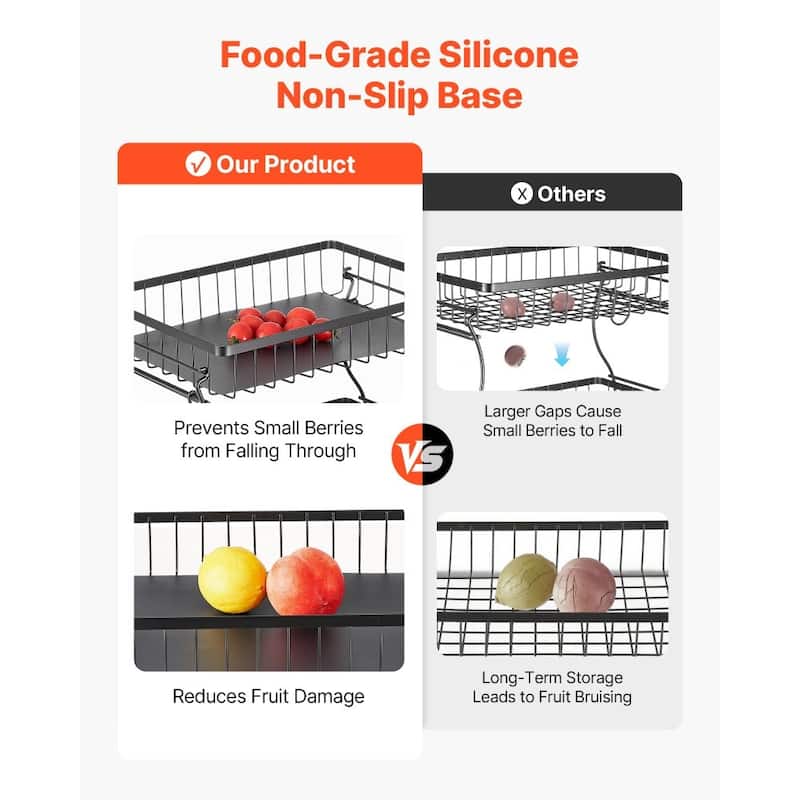 Matte Black Double-Layer Fruit Basket Holder Countertop Storage Organizer for Kitchen Fruits - 15.16” x 9.06” x 9.65”