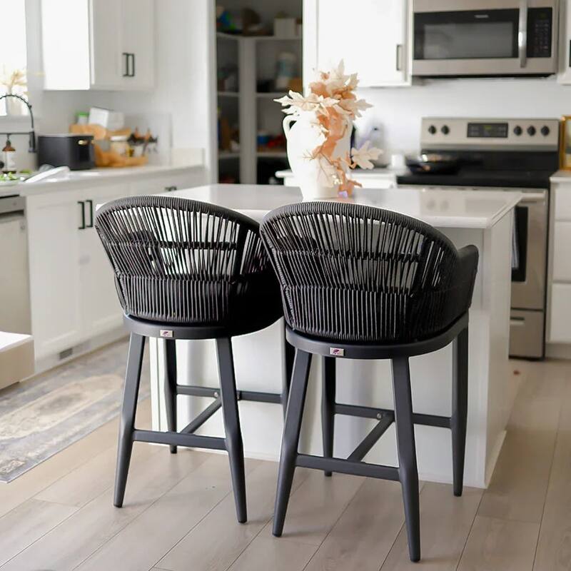 PURPLE LEAF Modern Rattan Bar Stools Set of 2 with Cushion and Back Counter Stools - Grey - Counter Height