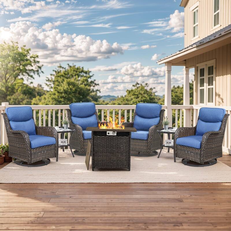 Outdoor Gliders Chairs with Fire Pit Table with 5-Inch Thick Cushions - Brown Rattan - Blue Cushion - 7PCS Swivel Chairs Table with Square Fire Table