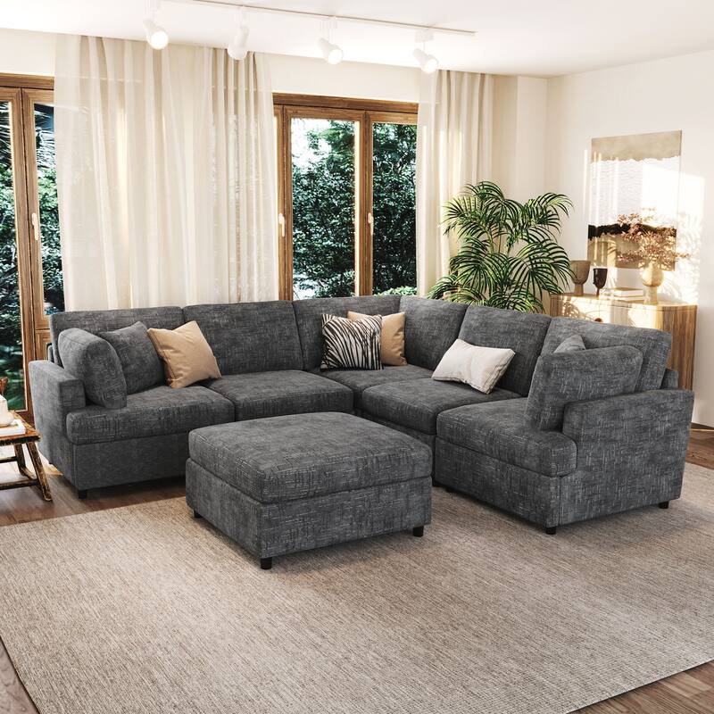 U-Shaped Modular Sectional Sofa with Movable Ottoman, Convertible Deep Seat Corner Couch, Oversized Chenille Fabric 6-Seat Sofa