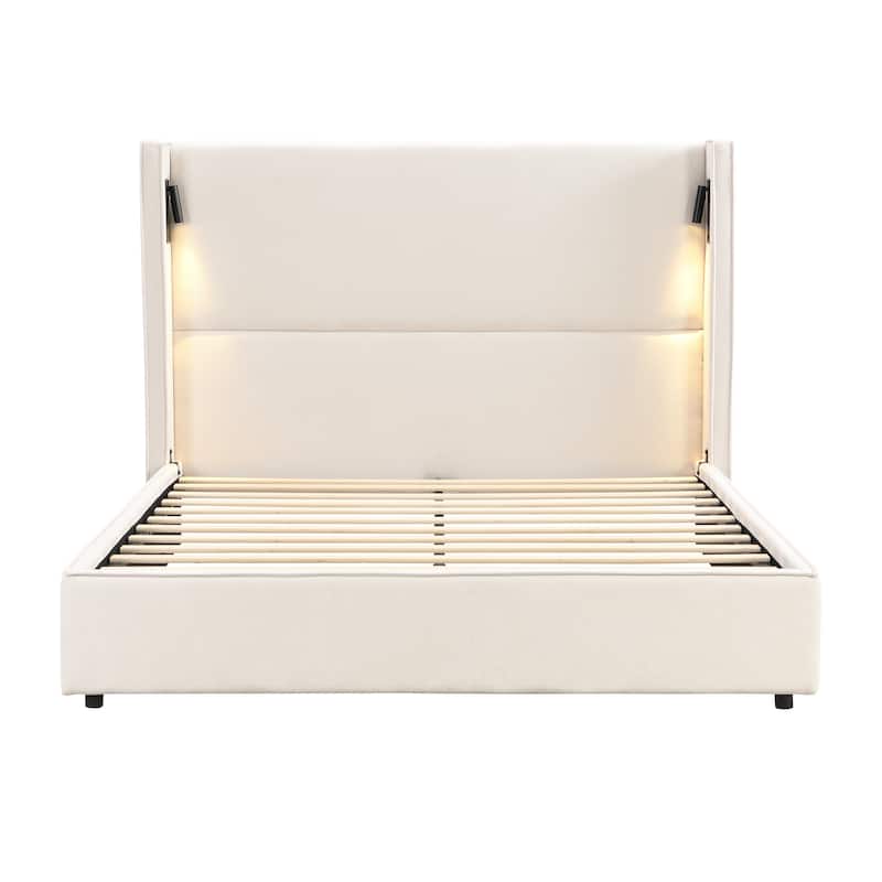 Beige Frame Upholstered Platform Wingback Bed Thick Corner High Headboard with 2 Sets of Wall Sconces, Center Metal Legs Support
