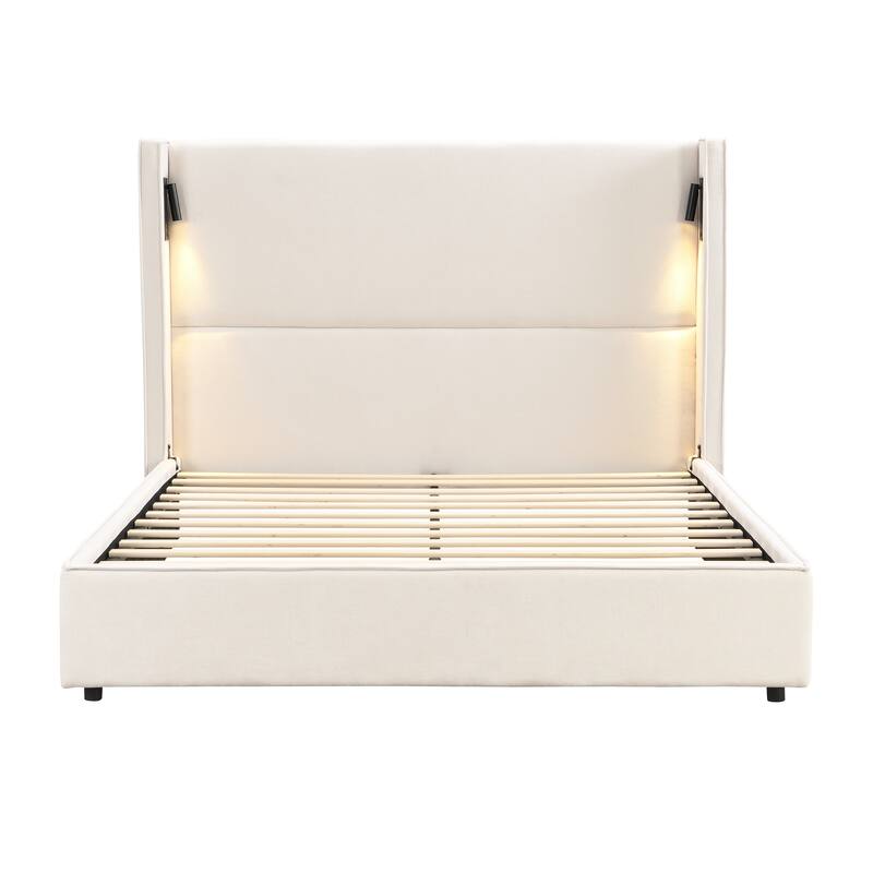 Beige Upholstered Bed Frame with High Wingback Headboard, Reading Lamp and USB Port, Low-Profile Platform Bed for Bedroom