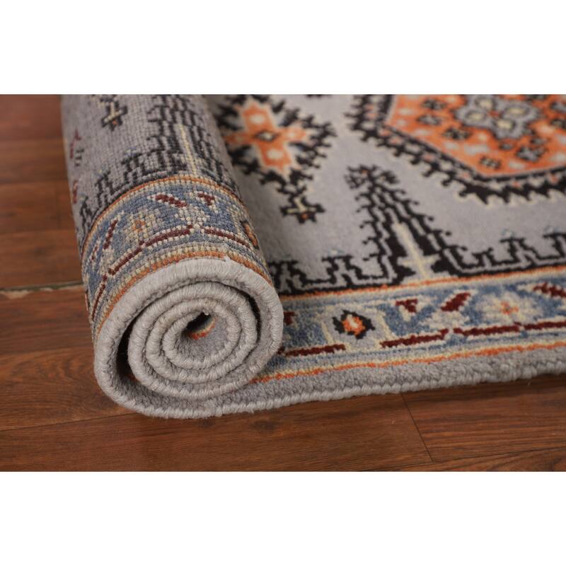 Gray Geometric Viss Indian Runner Rug Handmade Wool Carpet - 2'6"x 8'0"