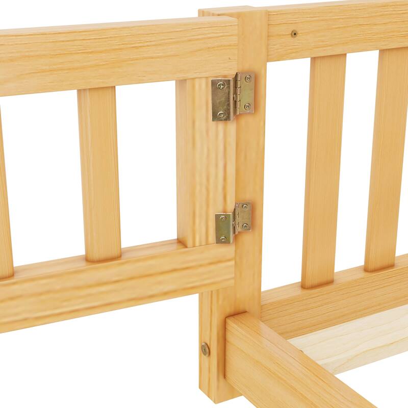 Natural Queen Size Pine Wood Floor Bed with Safety Guardrails and Door for Kids, Boys, Girls, Bedroom