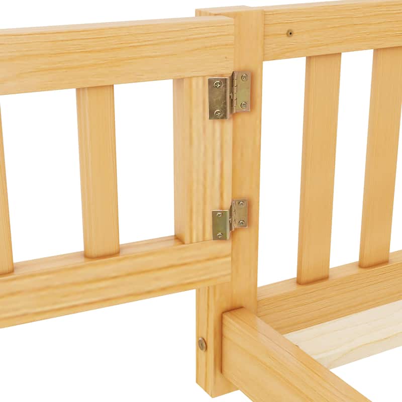 Wooden Floor Bed Frame with Safety Fence and Door, Removed Slat Design