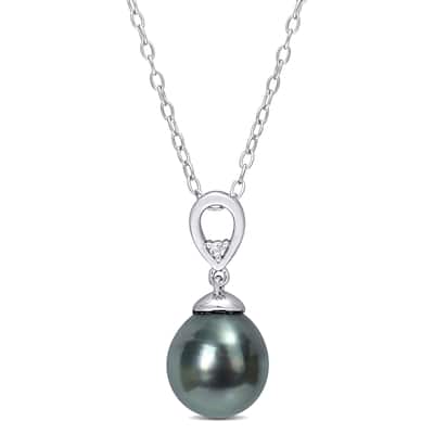 Miadora White Topaz and 8-9mm Black Tahitian Cultured Pearl Fashion Pendant with Chain Silver