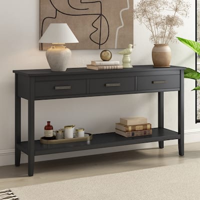 Modern Console Table Entrance Table with 3 Drawers and Open Storage Shelf Hallway Tables with Pine Top and Pine Leg