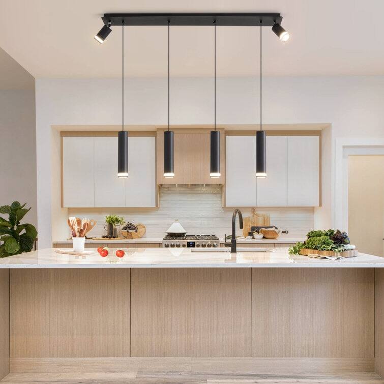 Modern Linear Chandelier 6-Light Linear Pendant Lights LED Dimmable Light Fixtures Wood, for Kitchen Island Office