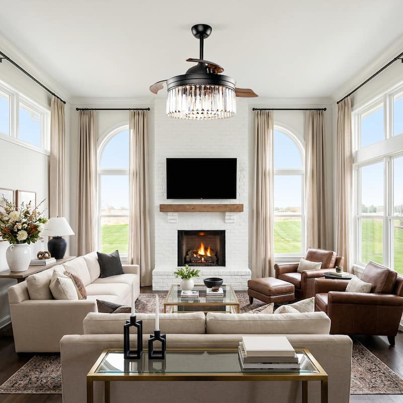 Modern 42" Black Crystal Retractable Ceiling Fan with Light Kit and Remote Control - 42 inches D x 14.5 inches H